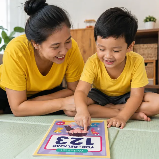 Ibu dan anak laki-laki mengerjakan worksheet Yuk Belajar 123 yang terbuka di matras