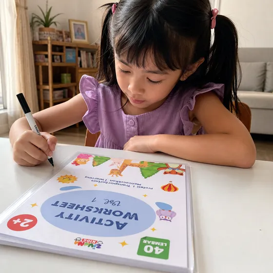 Anak perempuan berkonsentrasi menulis di Activity Worksheet Vol. 1 dengan spidol