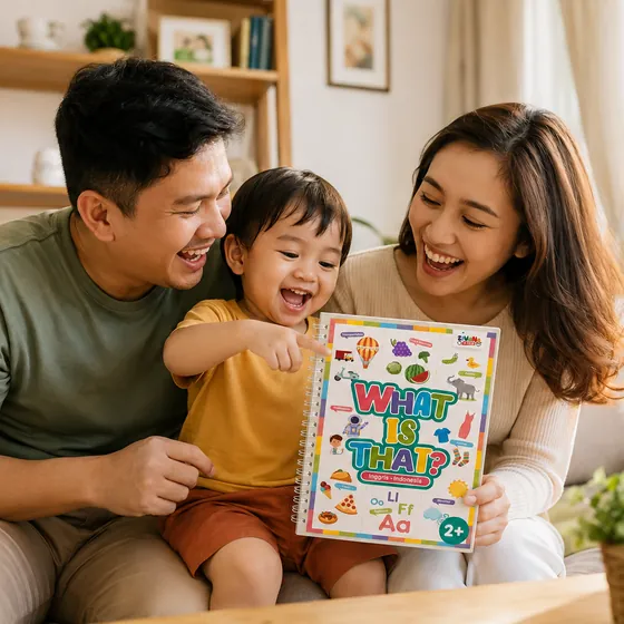 Ayah, ibu, dan balita membaca buku What Is That di sofa