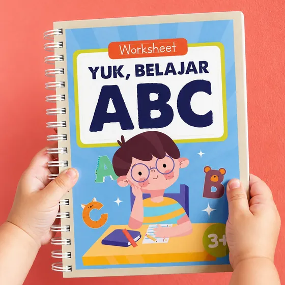 Tangan balita memegang worksheet Yuk Belajar ABC