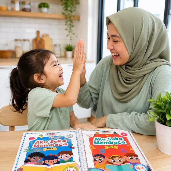 Ibu berhijab tos dengan putrinya setelah menyelesaikan halaman Aku Suka Membaca